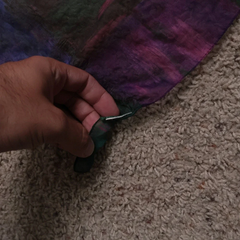 Vintage Abstract Watercolor Silk Chiffon Scarf Purple Green Jewel Tone 63x11